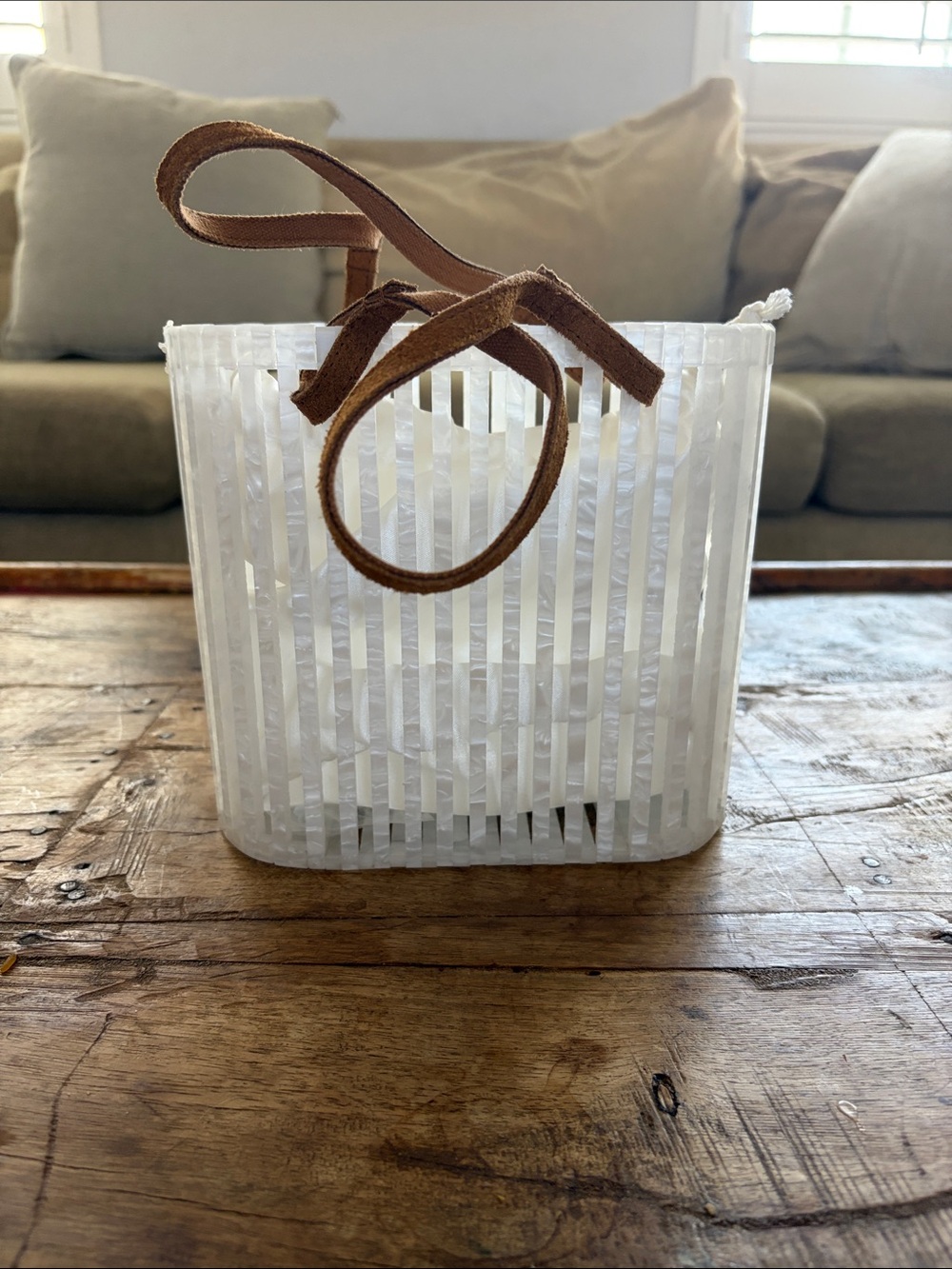 LOVESTITCH White Slatted Tote with Brown Suede Straps